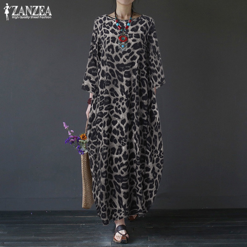 ZANZEA Women Long Sleeve Leopard Print Plus Size Long Dress