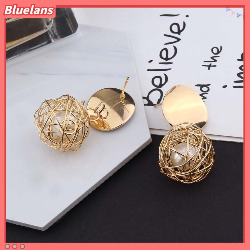 Bluelans Women Fashion Geometric Woven Hollow Ball Faux Pearl Drop Earrings Jewelry Gifts