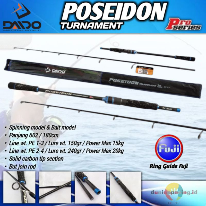 Joran daido poseidon turnament pro series 602 180cm pe 1-3 pe 2-4 ring full fuji spinning carbon sol