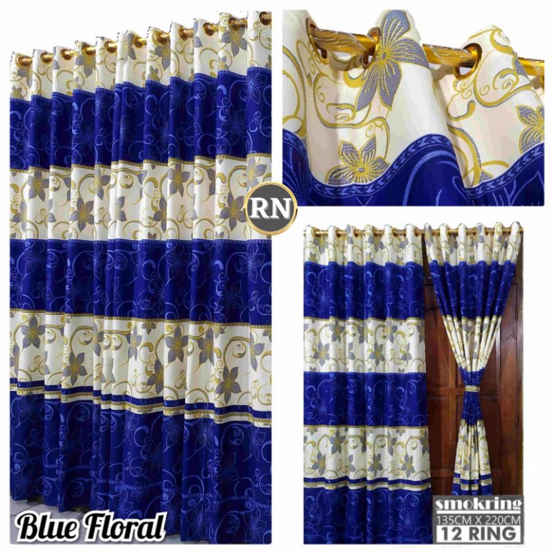 Gorden smokring/Hordeng smokring 12 ring Batik Biru  jendela&amp;pintu