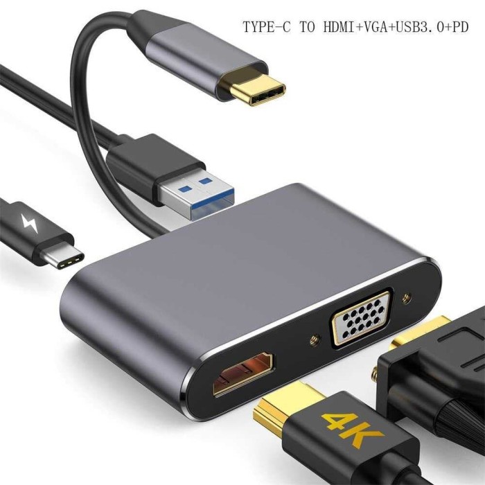 Adapter USB Type C to HDMI VGA PD Charging 4K 87W Aluminium