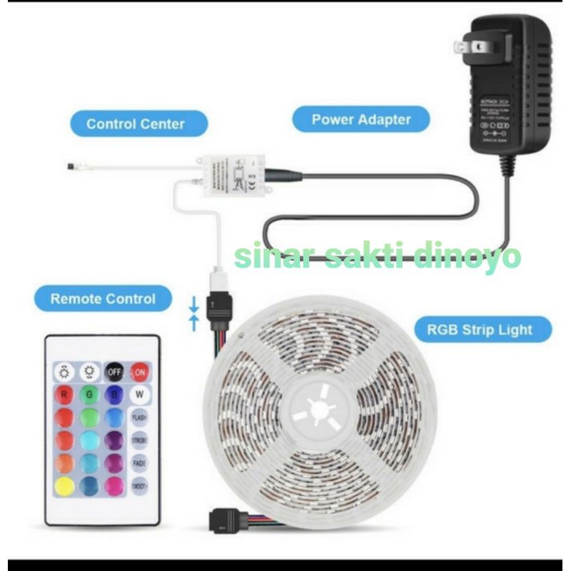 Lampu led strip rgb Remote warna warni ip44 set + adaptor 5m