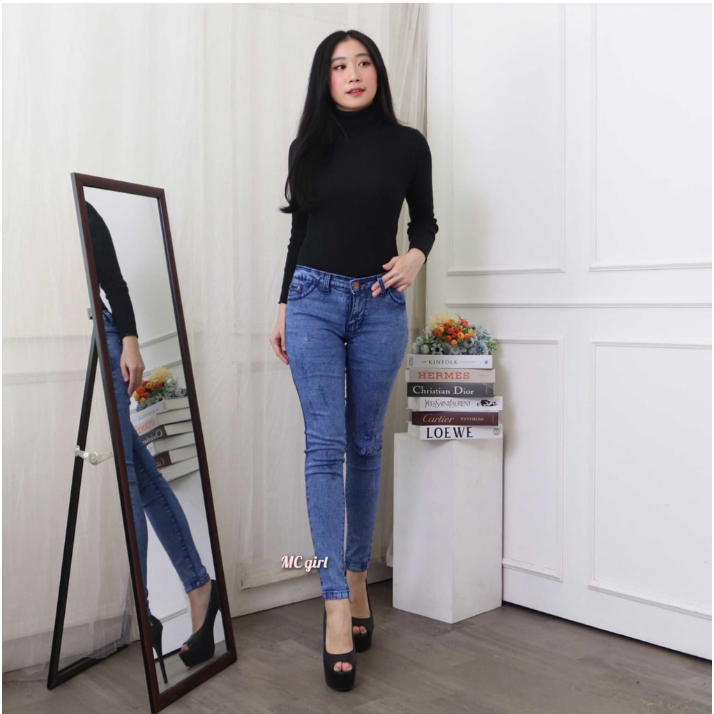 MC girl - Celana Jeans Sobek Tidak Tembus Warna Snowblue Wanita / Celana Lepis Panjang Sobek Cakar Snow Blue / Celana Denim Skinny Pensil Ripped Ada Lapisan