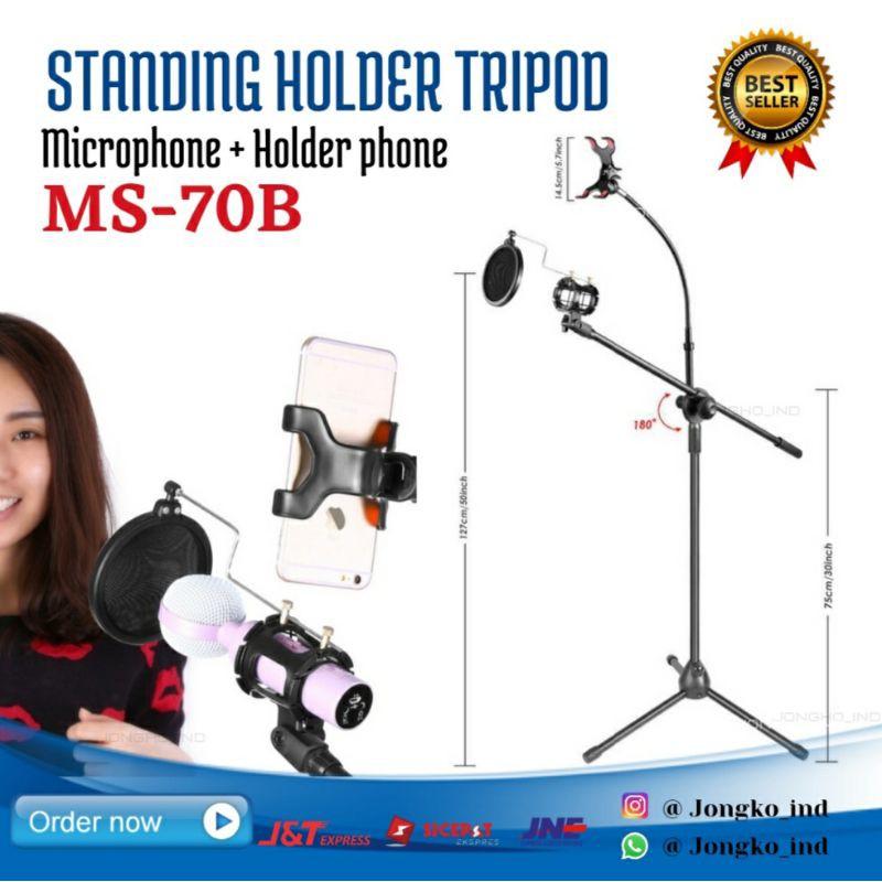 Stand holder boom arm lazypodmicrophone comndenser smartphone MS70B mic podcast terbaik stand tinggi