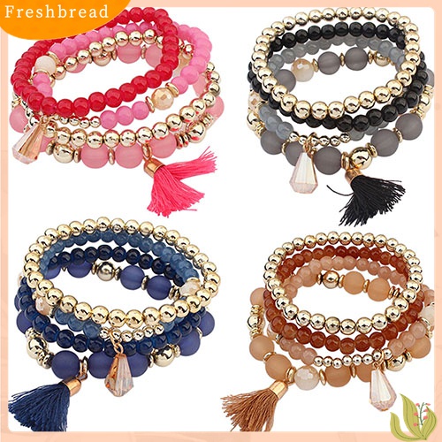 [TERLARIS]4Pcs/Set Women Ethnic Multilayer Resin Beads Tassels Cuff Bracelets Fashion Jewelry