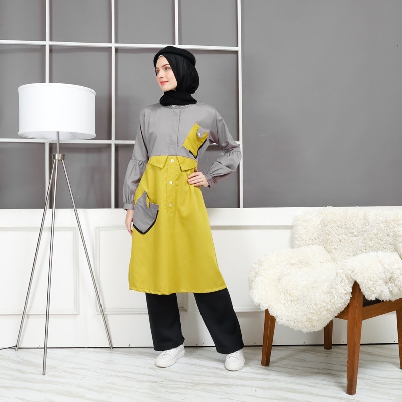 Ivo Tunik Midi Bahan Katun Toyobo Kombinasi Kantong