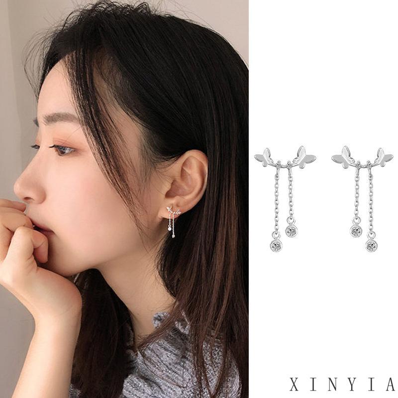 【Bayar di tempat】Anting Gantung Silver Bentuk Kupu-kupu untuk Wanita Earrings Kupu-kupu Rumbai Panjang Kawat Telinga Perhiasan Earring Women Jewelry