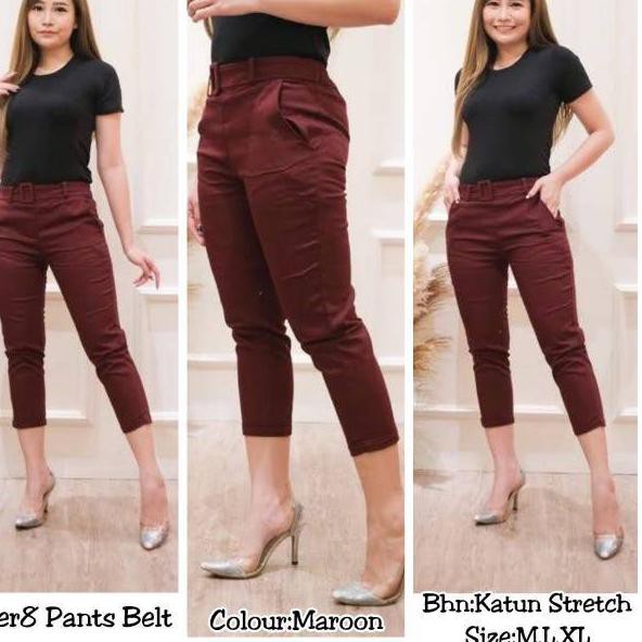 Harga Termurah KF9 Mo'El_Celana Wanita 7per8 Pants Belt/ Celana Import /Katun Twill Stretch #MURAH I