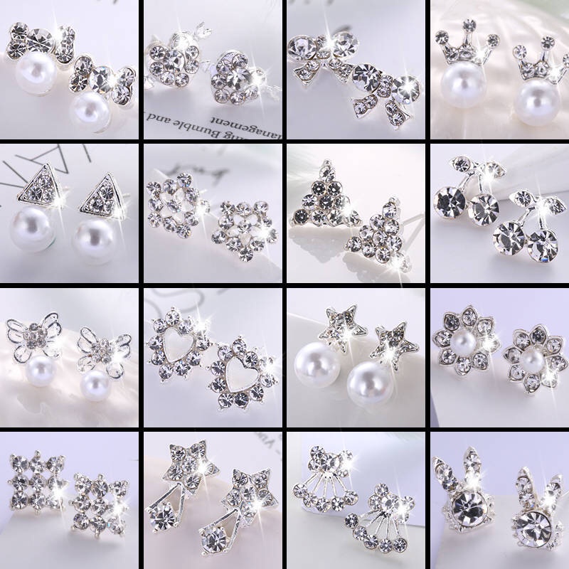 Versi Korea Super Flash Anting-Anting Berlian Baru Zirkon Mutiara Anting-Anting Mahkota Kupu-kupu Wanita Kecil Anting-Anting Perhiasan