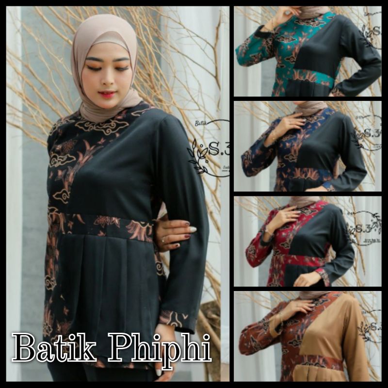 Atasan Batik Wanita Modern / Blouse Batik Kombinasi Mosscrepe Size M, L, XL ( ORIGINAL )