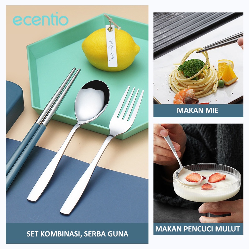 ecentio &amp; FOODI 3pcs Sendok Makan/Stainless Steel Sumpit Sendok Grapu Dengan Kotak Penyimpanan ST3E-8701