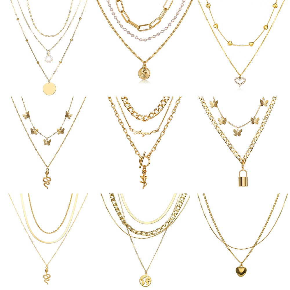 Fashion Multilayer Gold Necklace Butterfly Snake Lock Pendant Necklaces Chain Choker Retro Women Jewelry Accessories