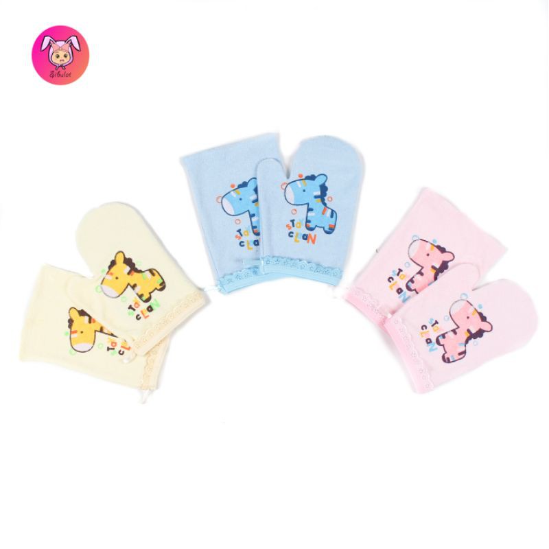 WASLAP PELENGKAPAN BAYI SARUNG TANGAN MANDI BABY WARNA BIRU PINK YELLOW 1 PACK ISI 2