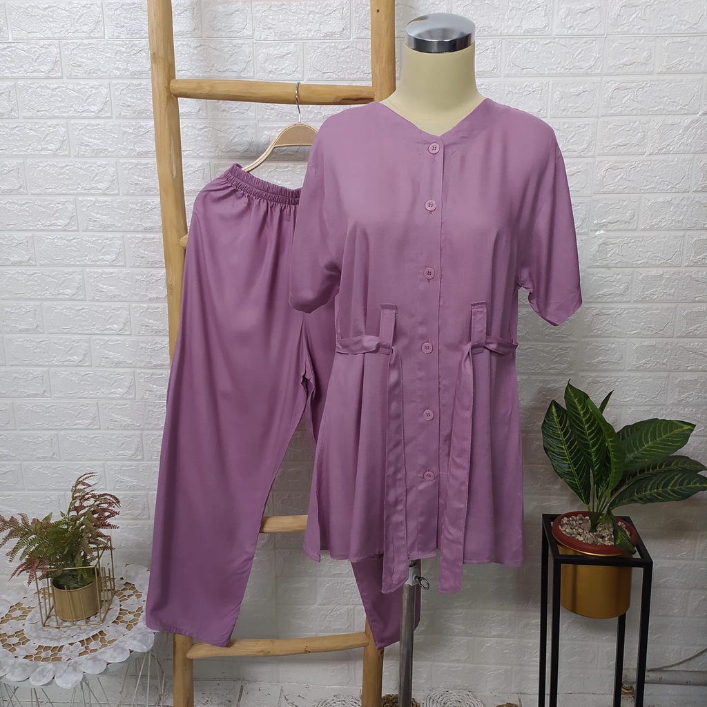 [BISA COD] Setelan Busui Rayon Bahan Adem Tali -  One Set Baju Wanita Polos Tali Pinggang - Setelan One Set Lengan Pendek Jumbo - Baju Wanita One Set Jumbo Bahan Rayon Adem - One Set Wanita Jumbo Rayon Polos