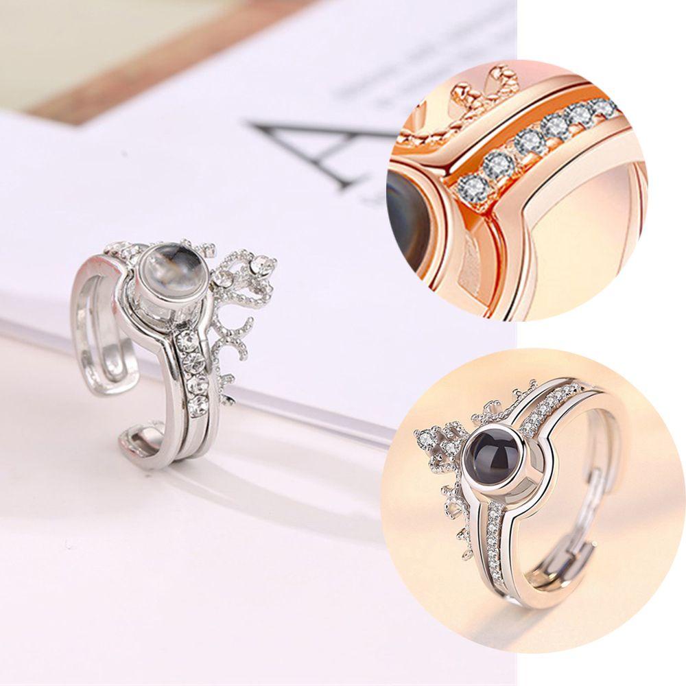 R-flower Projection Ring Cincin Pasangan Pesta Pernikahan Berlian Bentuk Mahkota Terbuka I Love You