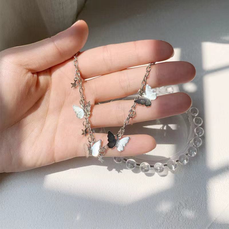 Gelang Liontin Bintang Kupu-kupu Lapisan Tunggal Baja Titanium Perak Perhiasan Fashion Wanita Rantai Bracelet
