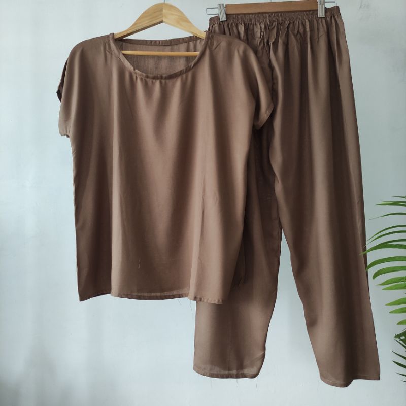 BAJU TIDUR POLOS PIYAMA POLOS CELANA PANJANG LENGAN PENDEK BAHAN RAYON babbydoll-POLOS CAPPUCINO