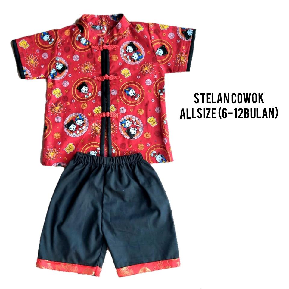 Baju Anak Laki-laki Perempuan Setelan Cheongsam Chinese Merah Celana Merah Naga Imlek Qipao Merah/Ba