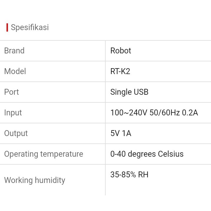 ROBOT charger usb 1A adaptor charger robot RT-K2