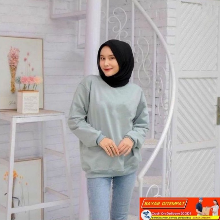Sweater pria wanita couple hijau mint polos couple size L-XXL