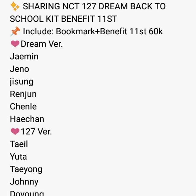 SHARING NCT 127 DREAM BACK TO SCHOOL KIT BENEFIT 11ST