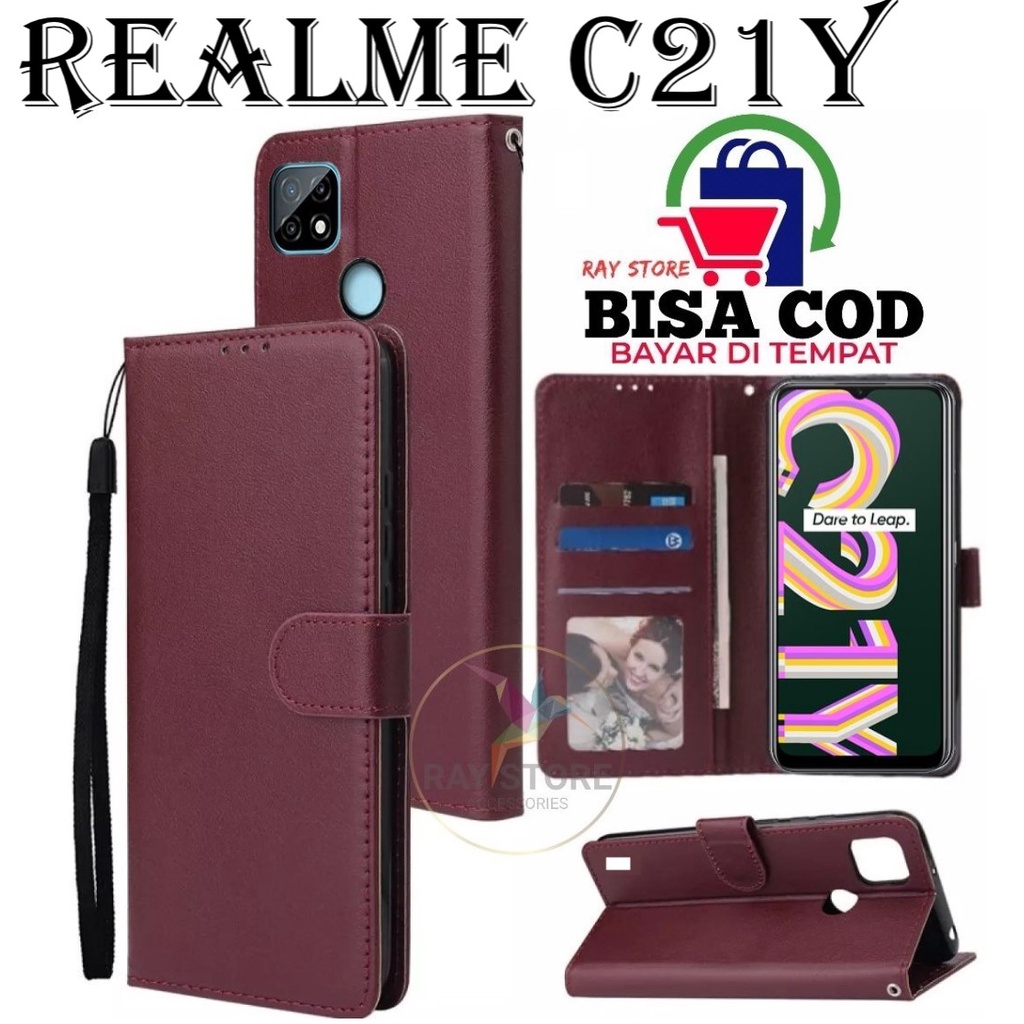 REALME C21Y FLIP LEATHER CASE PREMIUM-FLIP WALLET CASE UNTUK REALME C21Y