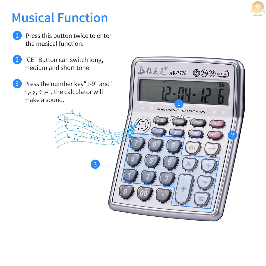 Musical Desktop Calculator 12-Digits LCD Display Electronic Calculator Counter Big Buttons with Music Piano Play Time Date Show Alarm Clock Function for Office Business Classroom Home Supplies