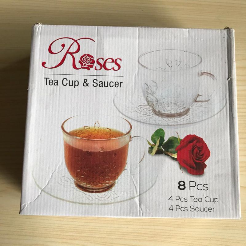 TEA CUP + SAUCER ROSES / cangkir kaca set / cangkir + tatakan satu set / gelas kado / kado nikah / c