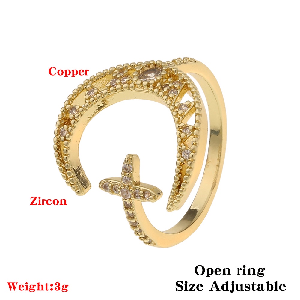 Eropa dan Amerika dingin ornamen Bulan Bintang Open-end cincin 18K emas hollow permata cincin perhia