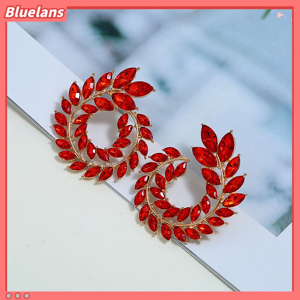 Bluelans 1 Pasang Anting Stud Cubic Zirconia Bentuk Cabang Daun Geometris Bulat Bahan Alloy Untuk Wanita