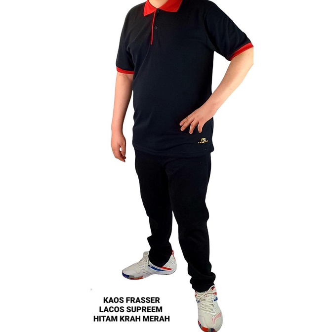 kaos frasser polo sup lacoste hitam krah merah pendek