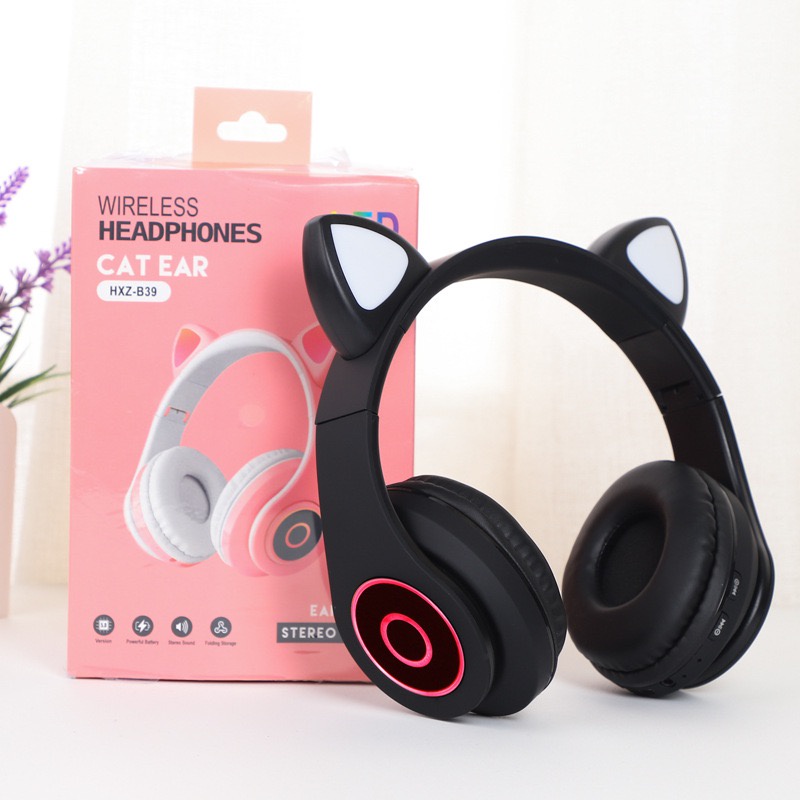 CAT EAR HEADPHONE KUCING HEADSET WIRELESS GAMING BASS BT CT-86 PINK BLUETOOTH HEADSET With LED Light