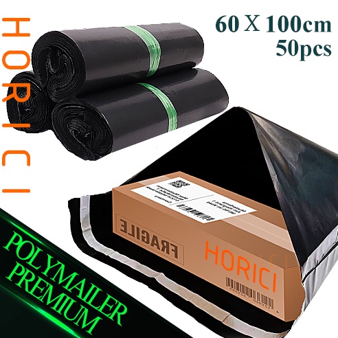 Plastik Packing Olshop PE Polymailer 60x100cm Lem Perekat Isi 100pcs Anti Plong Hitam Glossy Tebal