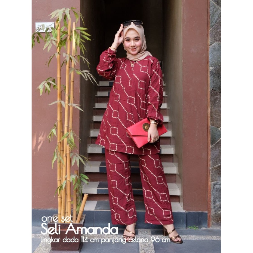 ONE SET SELI AMANDA  2 in 1 (ATASAN  + CELANA ) / SETELAN WANITA KEKINIAN / SET RAYON / PIYAMA RAYON