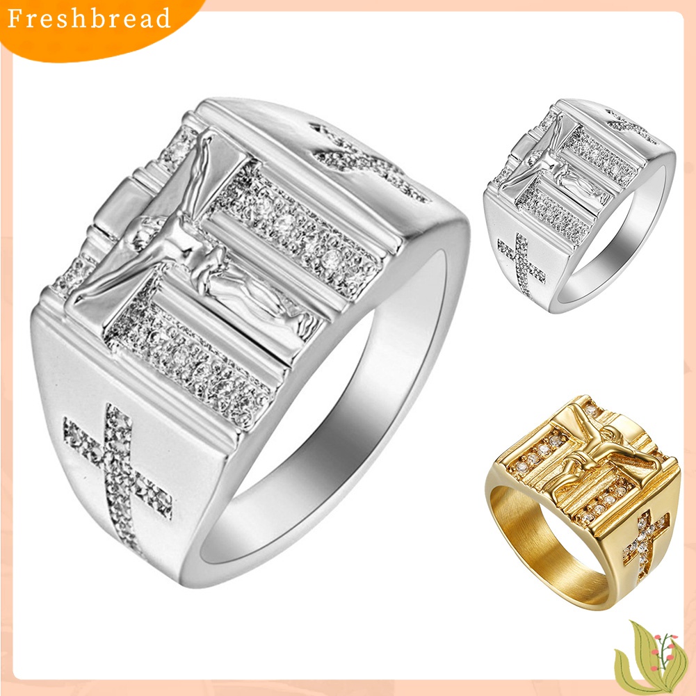 [TERLARIS]Chic Jesus Cross Carved Cubic Zirconia Inlaid Ring Unisex Wedding Jewelry Gift