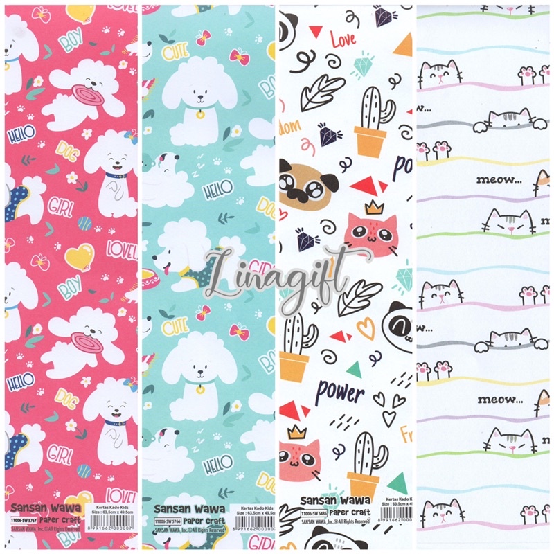 ( 5 Lembar ) PET SANWA - KERTAS KADO PUPPY KITTY KITTEN PUS PUPPY / ANIMAL CAT DOG - GIFT WRAP PAPER SANSAN WAWA BINATANG CUTE HOME LOVER PETS