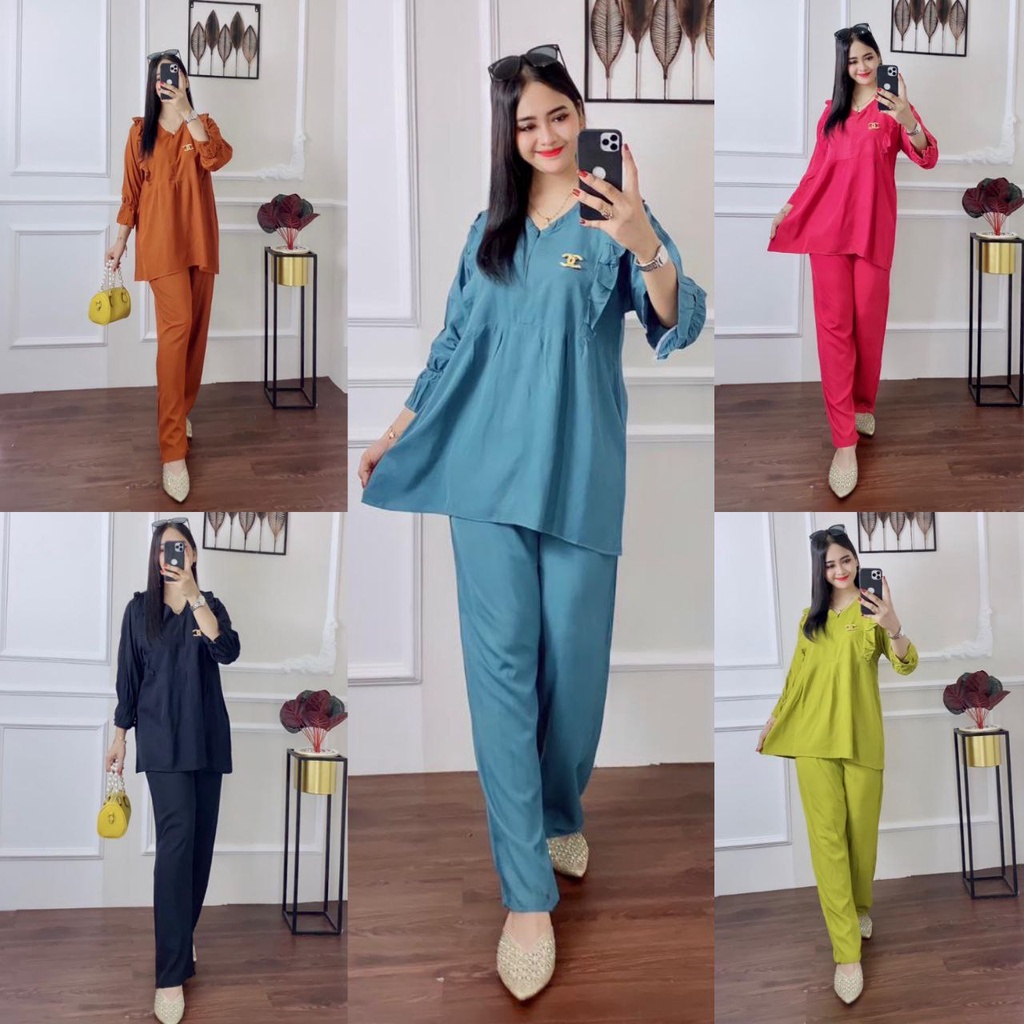 One Set Tunic Andin Ruflle || Resleting Depan Busui Frendy || Baju Wanita || Rayon Super