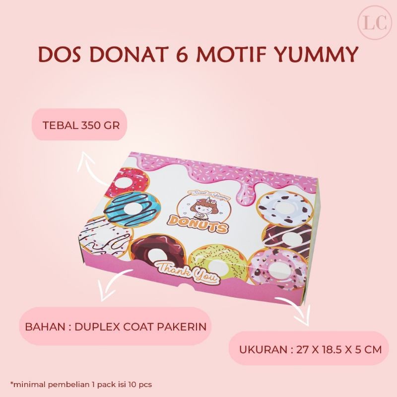 

(10 LEMBAR) DUS DOS DONAT MOTIF ISI 6 27 X 18,5 X 5CM , BOX DONAT, KEMASAN DONAT