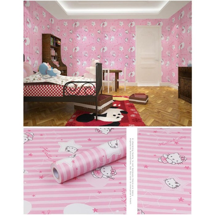 Wallpaper Sticker Dinding Hello Kitty Bintang Garis Ukuran Panjang 10Meter x Lebar 45CM