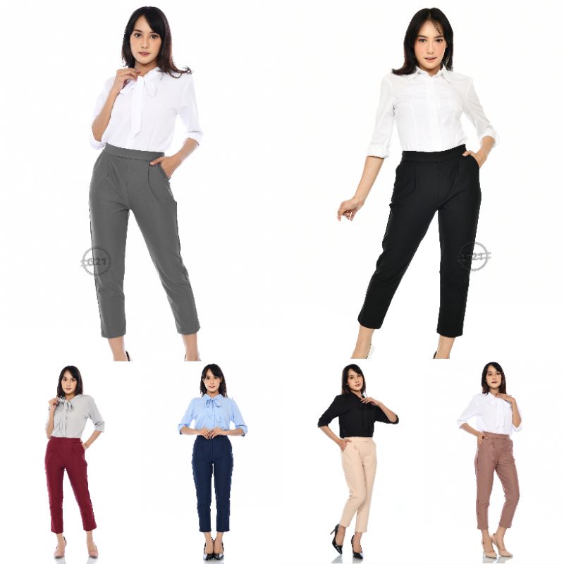 Celana Panjang Pinggang Karet Hitam Wanita Casual Dan Kerja Model Ankle Pants High Premium Quality Celana Panjang Kasual Kantor Formal Bahan Strit Strech Hitam Wanita