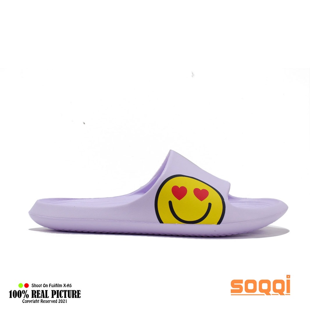 Sandal selop wanita import karet original sendal slop cewek perempuan dewasa model distro gambar smile slip on lucu tahan air branded terbaru Soqqi-Km 080 1B promo lebaran murah keren cod 36-40