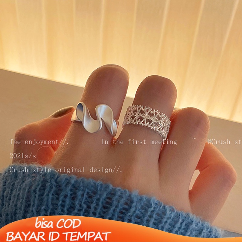 COD❤️Cincin Renda Zirkon Gelombang Matte Pembukaan Cincin Sederhana Wanita yang Dapat Disesuaikan- cl