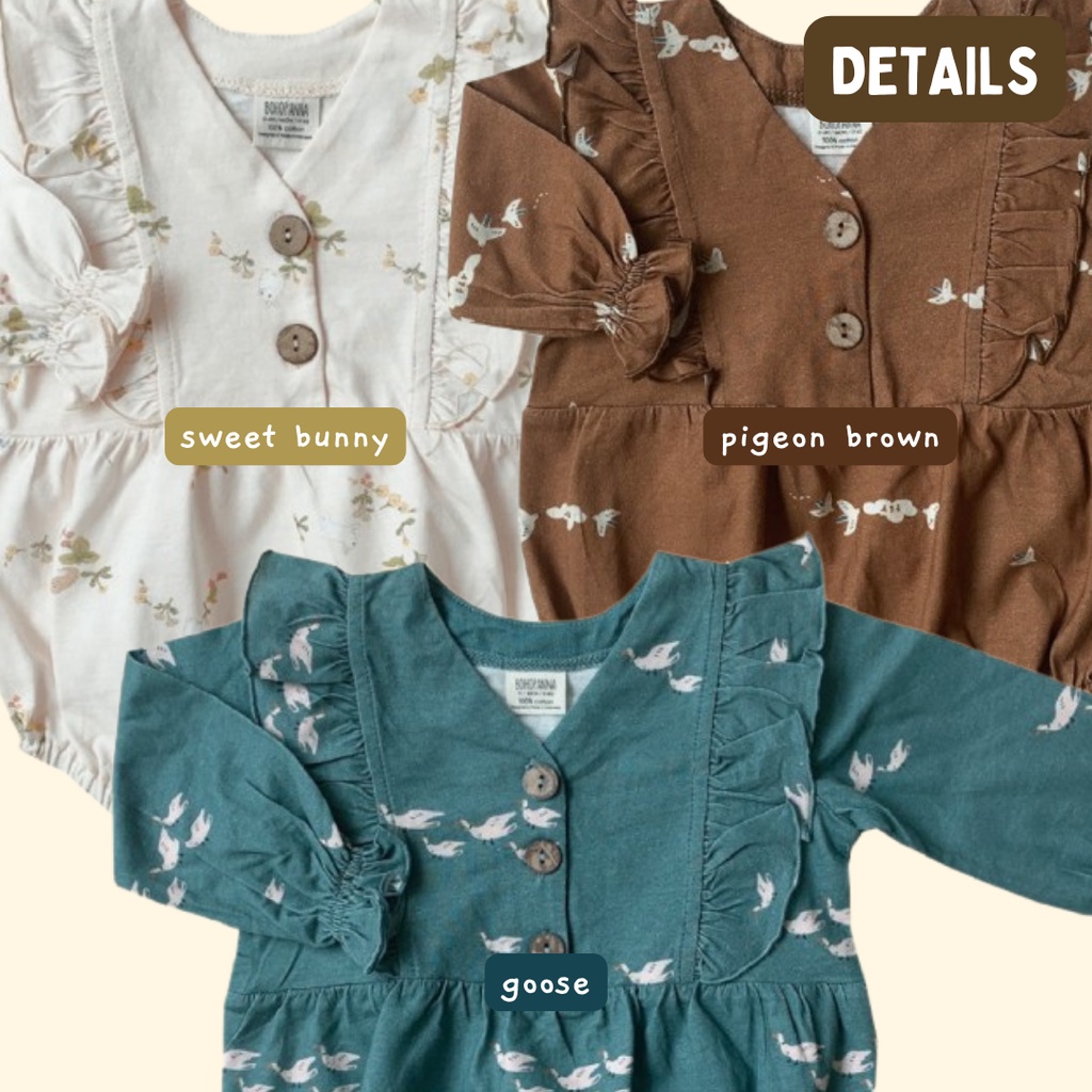 Bohopanna Long Ara Bodysuit - Jumper Bodysuit Anak Perempuan 0-6, 6-12 bulan, 1, 2 tahun Boho Baby Bohobaby