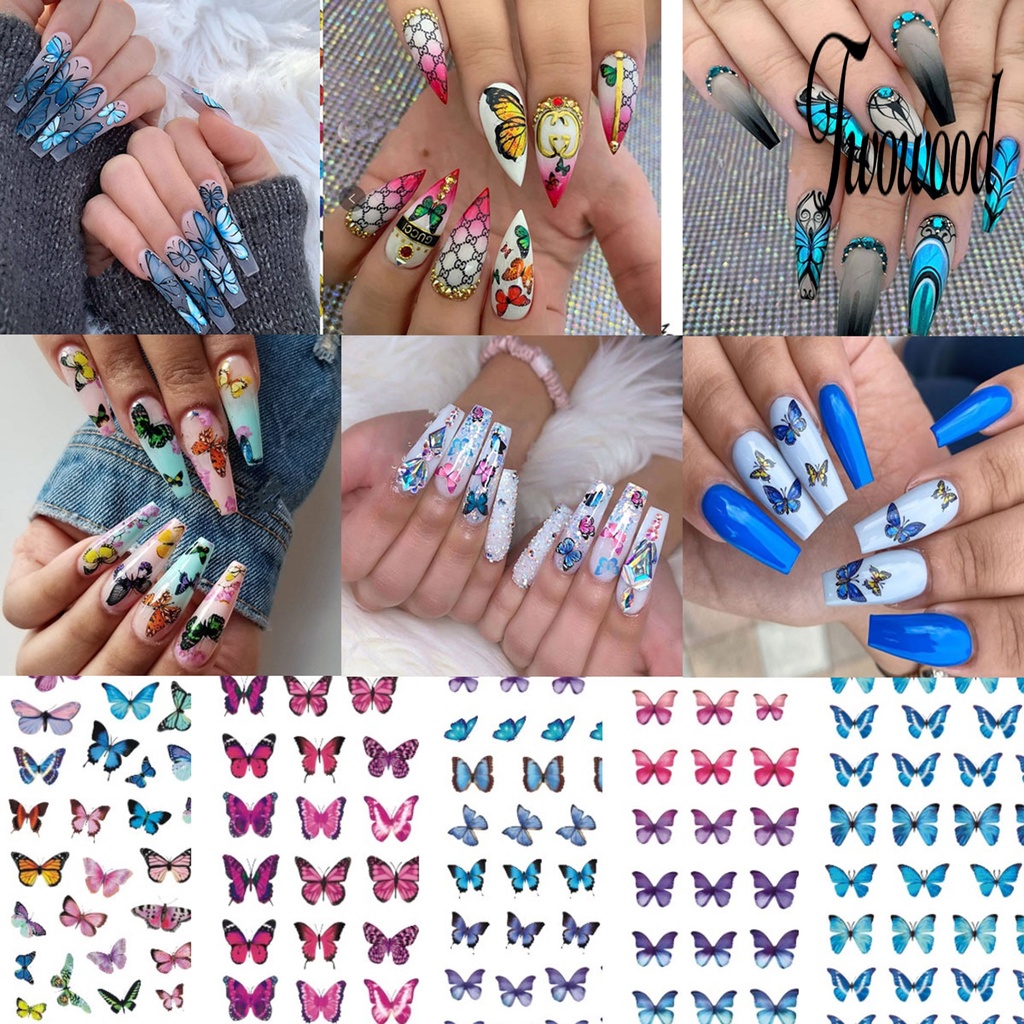 Twowood Stiker Kuku Motif Kupu-Kupu Tahan Air Untuk Nail Art