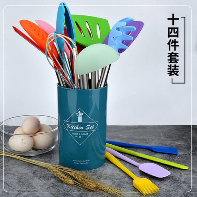 Colorfull silicone spatula cooking utensil set 15s with stainless handle /set alat masak silikon