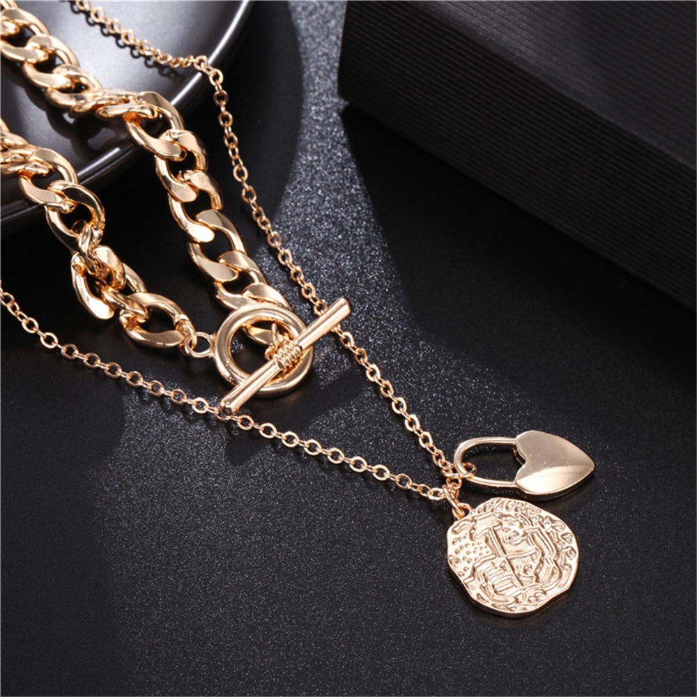 【COD Tangding】New Korea Fashion Style Chain Heart Lock Pendant Two - Layer Necklace Accessories