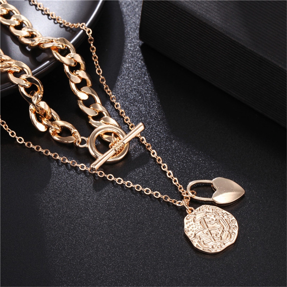 【COD Tangding】New Korea Fashion Style Chain Heart Lock Pendant Two - Layer Necklace Accessories