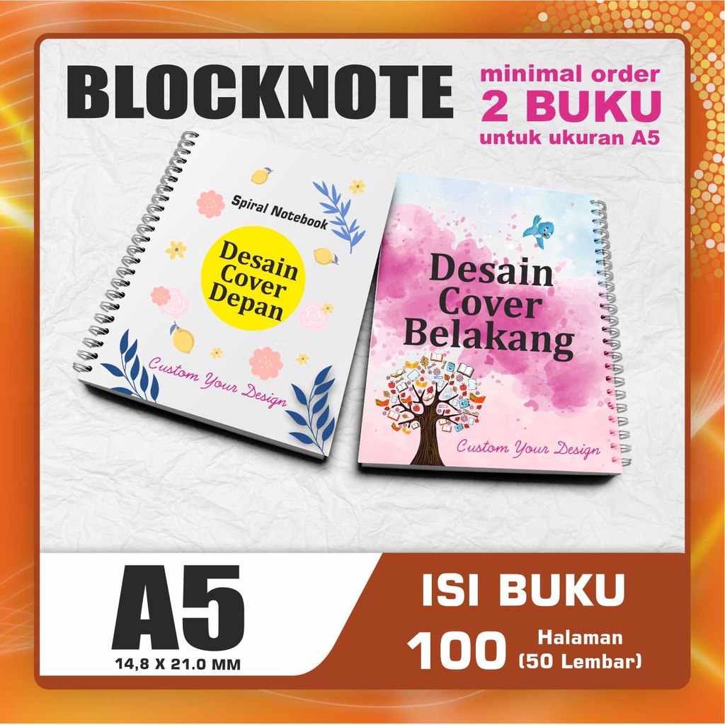 

Notes A5 Custom / Notebook A5 / Notes A5 Spiral - Isi 50 lembar - Cover Depan Belakang