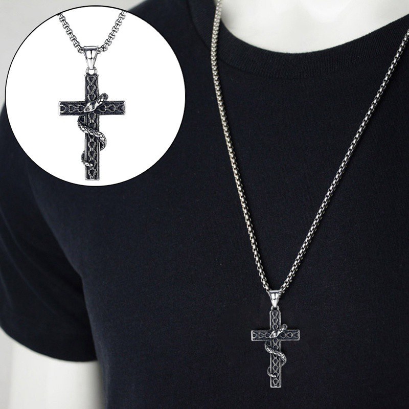 Punk Snake Cross Pendant Chain Necklace For Men Male Goth Jewelry Gift|Pendant Necklaces