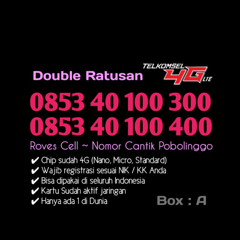 NOMOR CANTIK TELKOMSEL SERI 4G LTE SERI PULUHAN DOUBLE RATUSAN HOKI AS 40 100 300 400